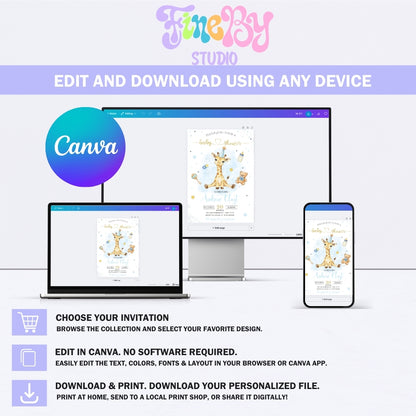 Editable Blue Giraffe Boy Baby Shower Invitation, Watercolor Safari Teddy Bear Canva Invite