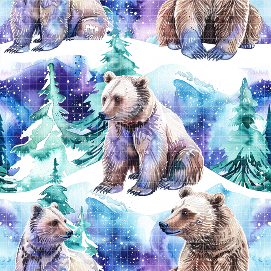 Seamless digital pattern featuring watercolor brown bears sitting in a snowy winter forest under a purple starry night sky.