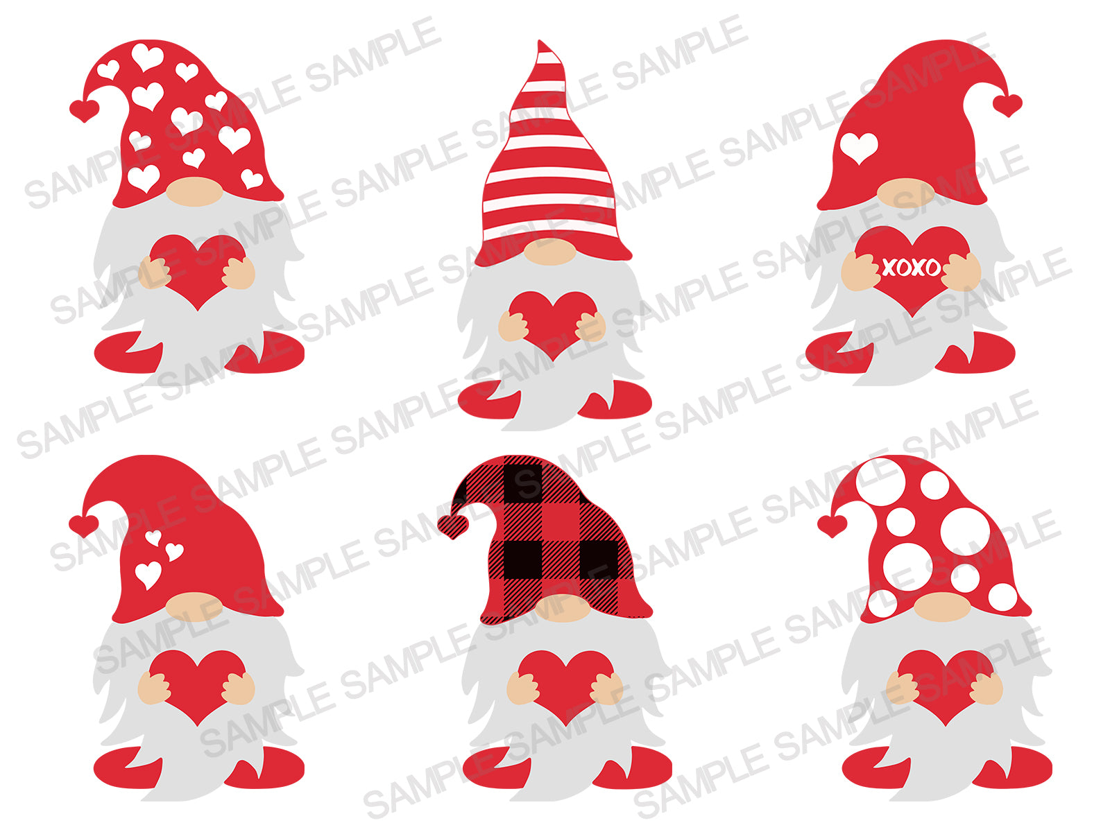 Bundle of 6 Valentine's Day gnomes with hearts and glitter textures in SVG and PNG formats.