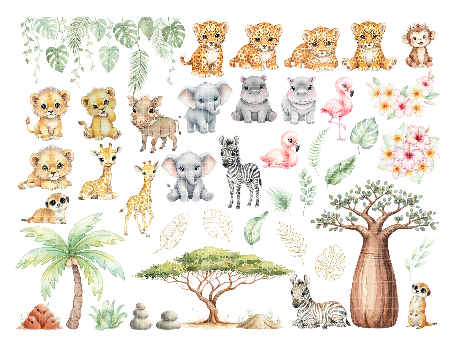 Watercolor safari baby animals clipart bundle featuring lion, giraffe, elephant, and tropical trees PNG
