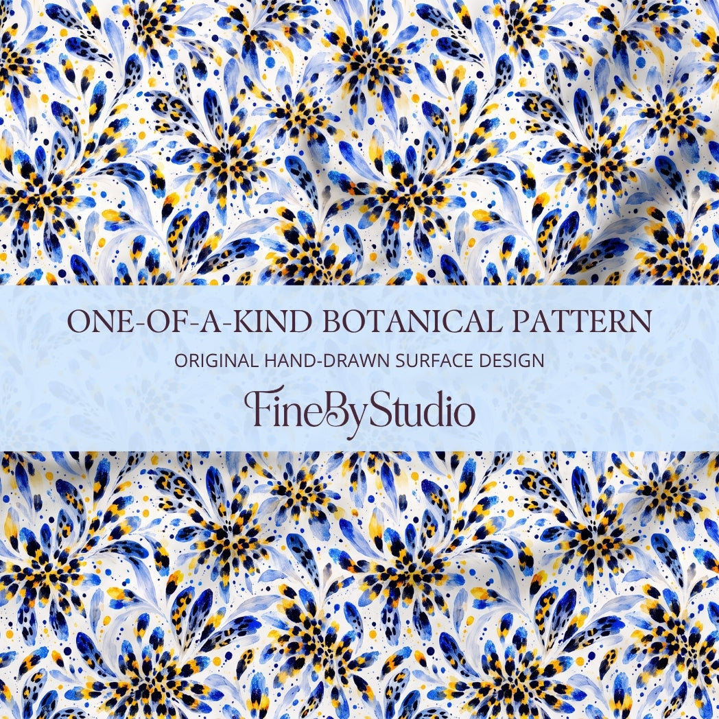 Blue and yellow watercolor botanical seamless pattern with expressive floral motifs on a white background