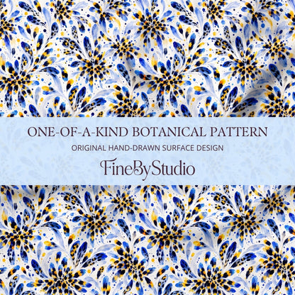 Blue and yellow watercolor botanical seamless pattern with expressive floral motifs on a white background