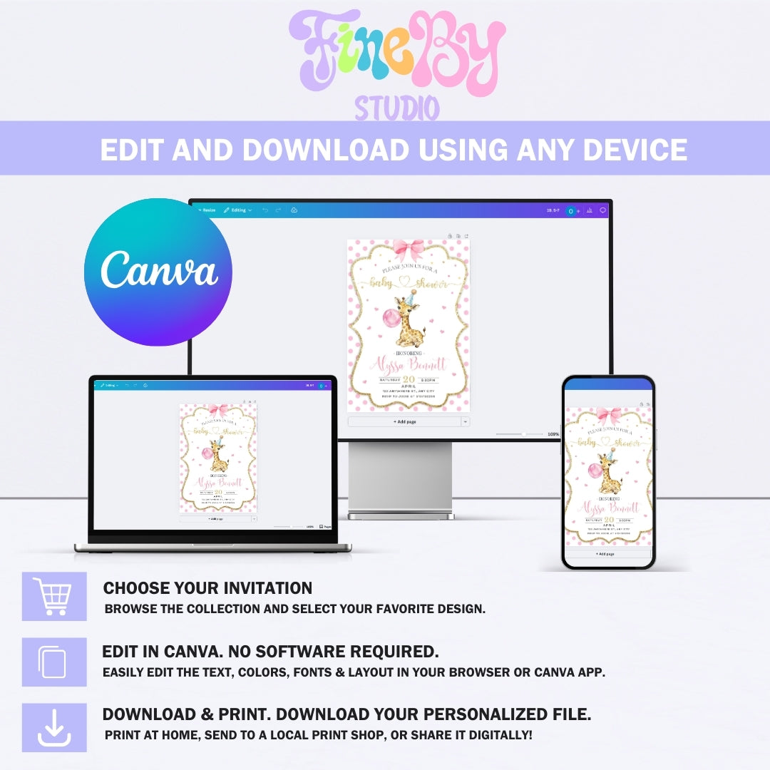 Editable Giraffe Baby Shower Invitation, Girl Pink Polka Dot & Bubblegum Invite, Watercolor Canva Template