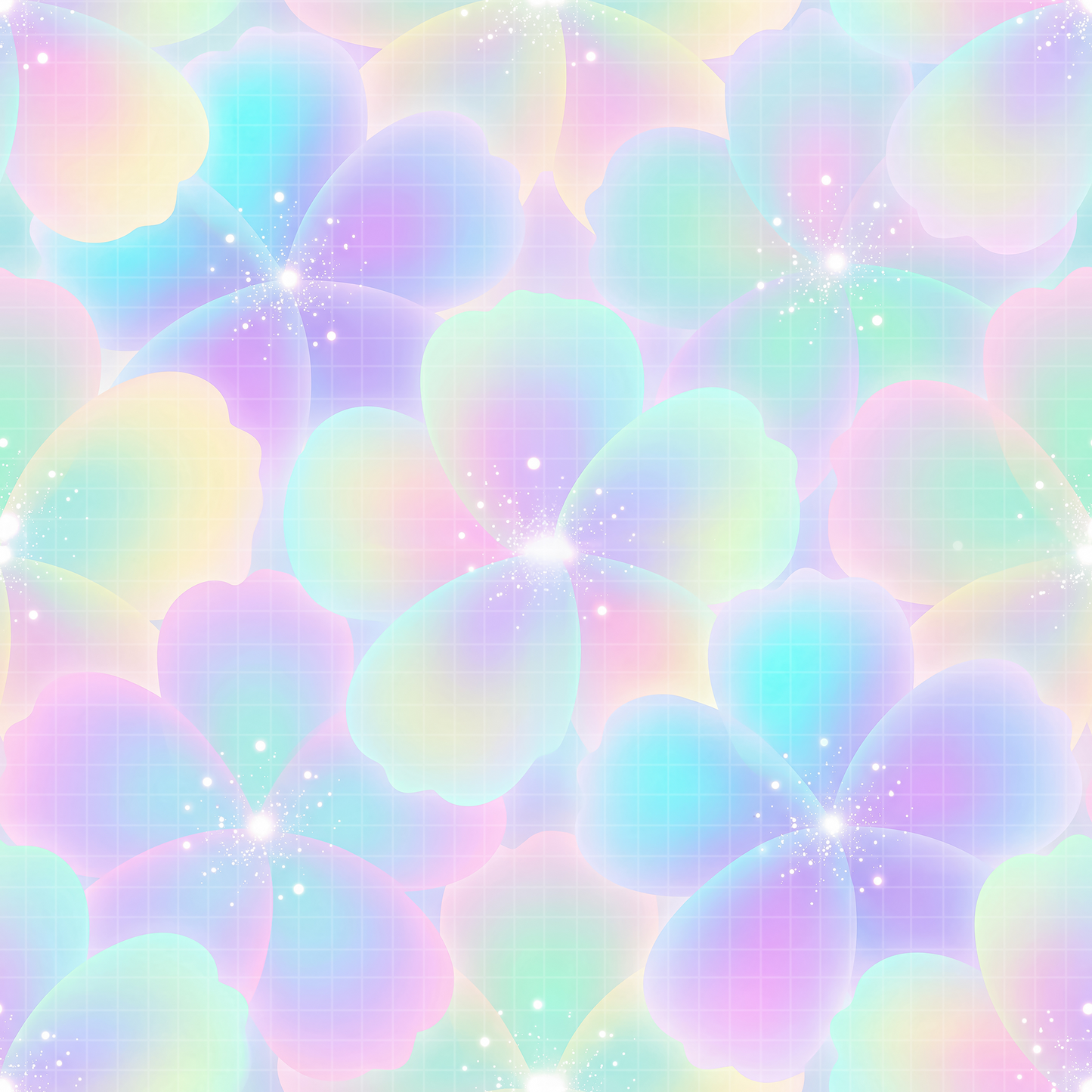 Holographic glowing floral seamless pattern in pastel pink, purple, and blue colors with magical sparkles.