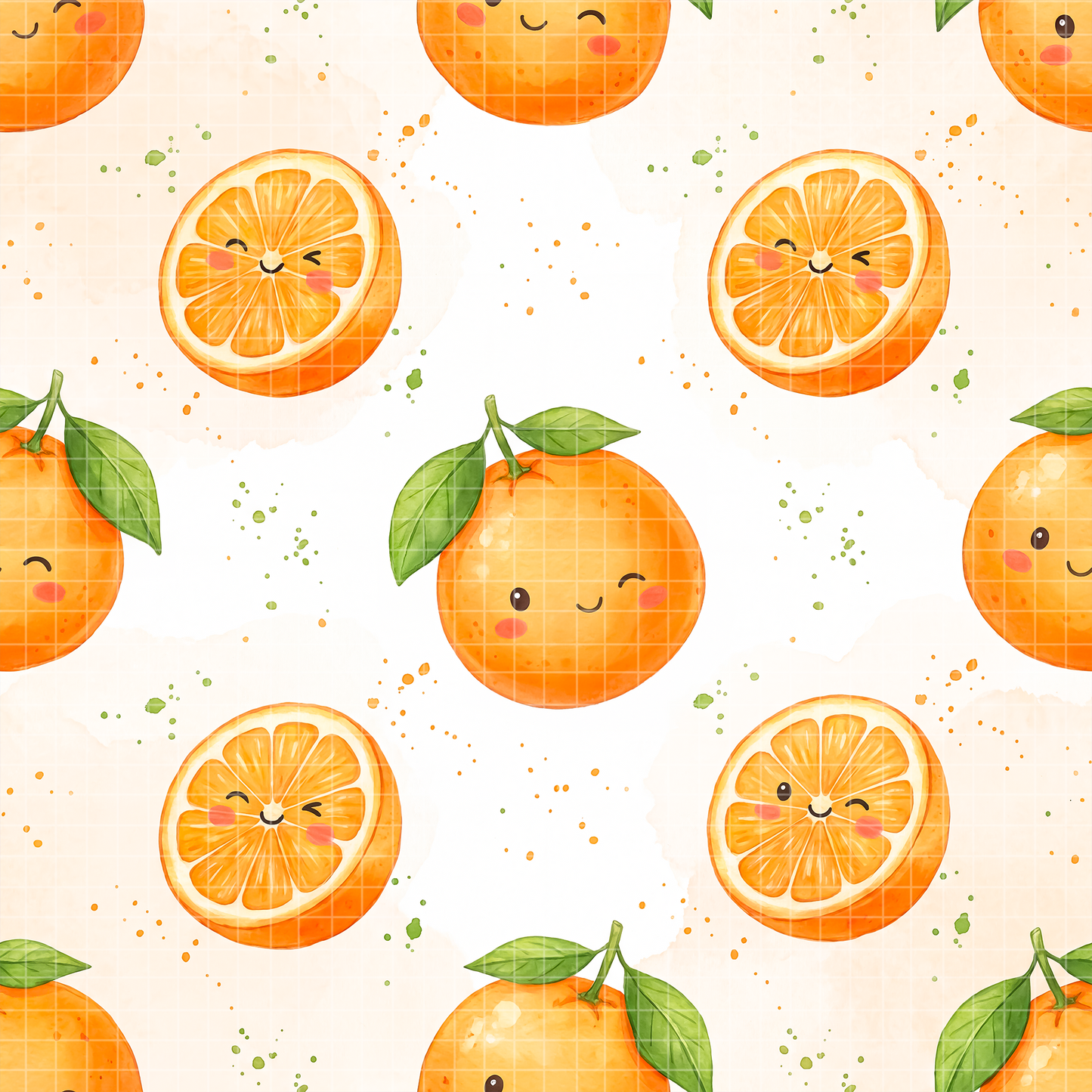 Seamless watercolor pattern featuring cute kawaii oranges with smiling faces and green leaves on a light pastel background.