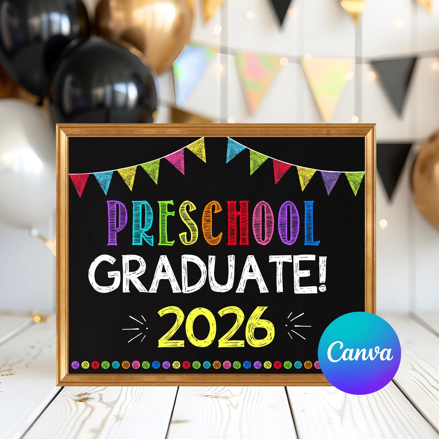 First Day of Preschool Sign | Editable Canva Template | Rainbow Chalkboard Back to School Poster | Photo Prop