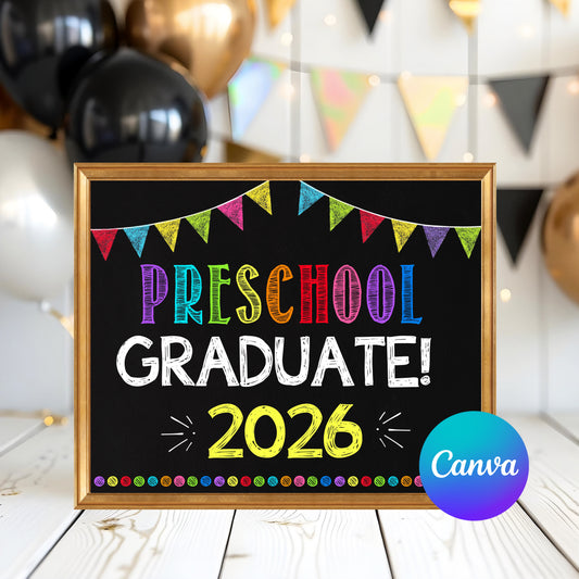 First Day of Preschool Sign | Editable Canva Template | Rainbow Chalkboard Back to School Poster | Photo Prop