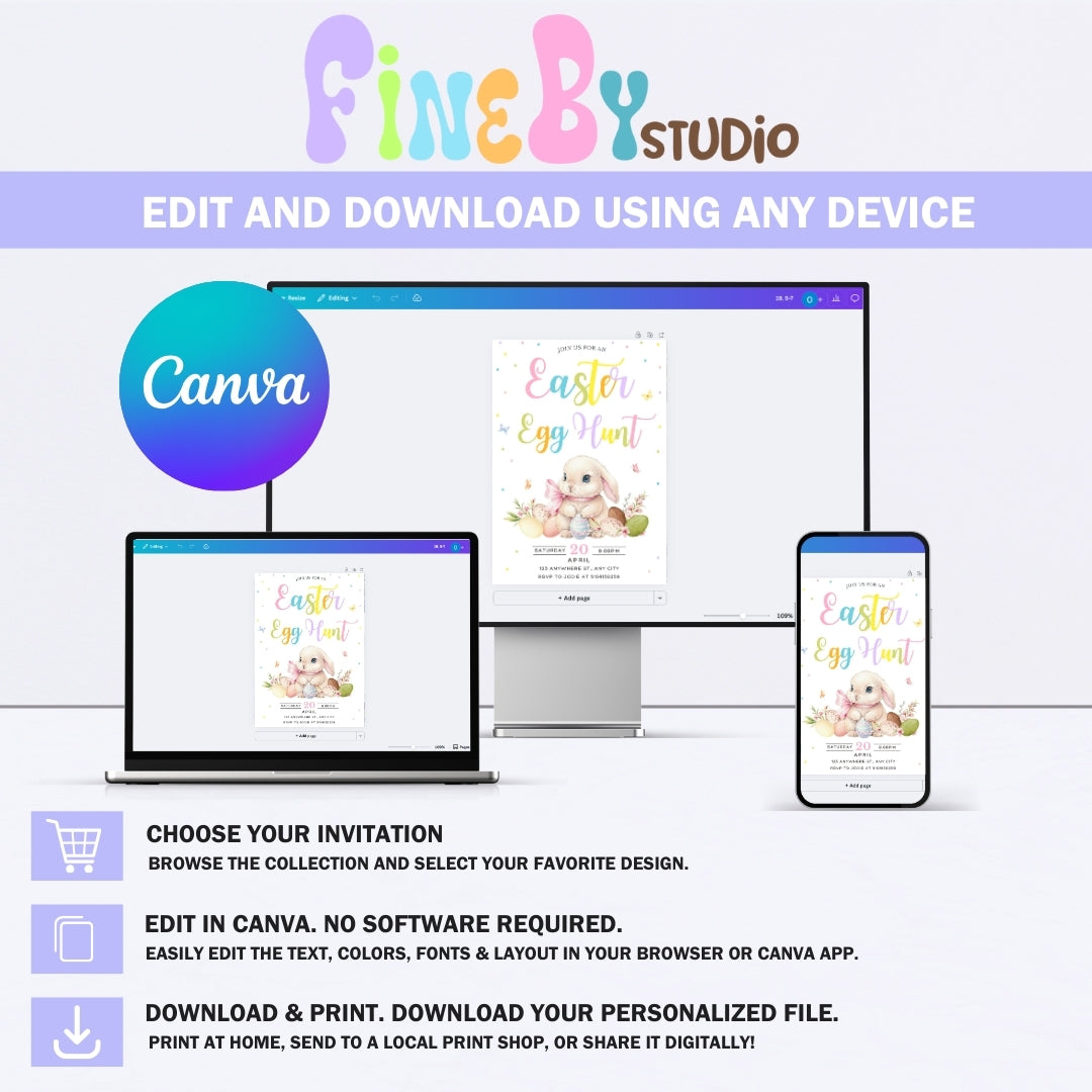 Editable Easter Egg Hunt Invitation Template, Pastel Bunny Canva Invite