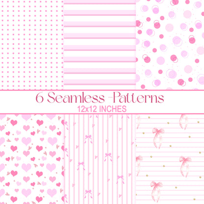 A collage grid displaying 6 different pink and white seamless patterns including stripes, dots, hearts, and bows. Text reads "6 Seamless Patterns 12x12 Inches".