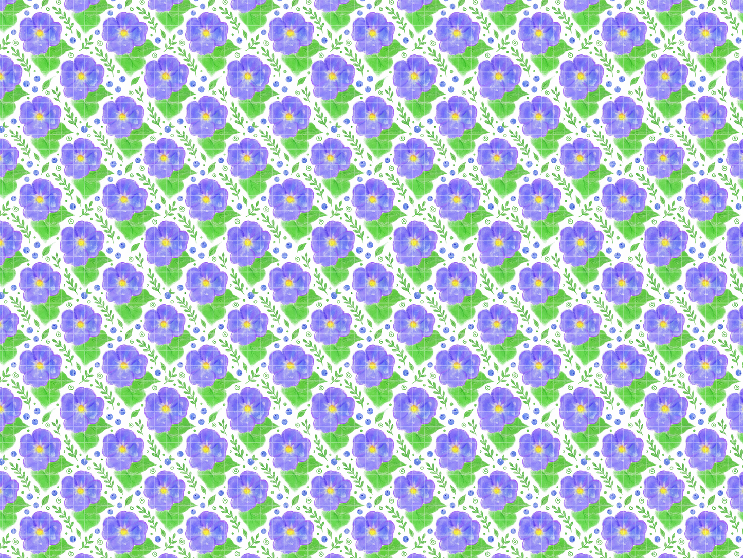 Seamless pattern tile featuring watercolor purple flowers and green leaves.