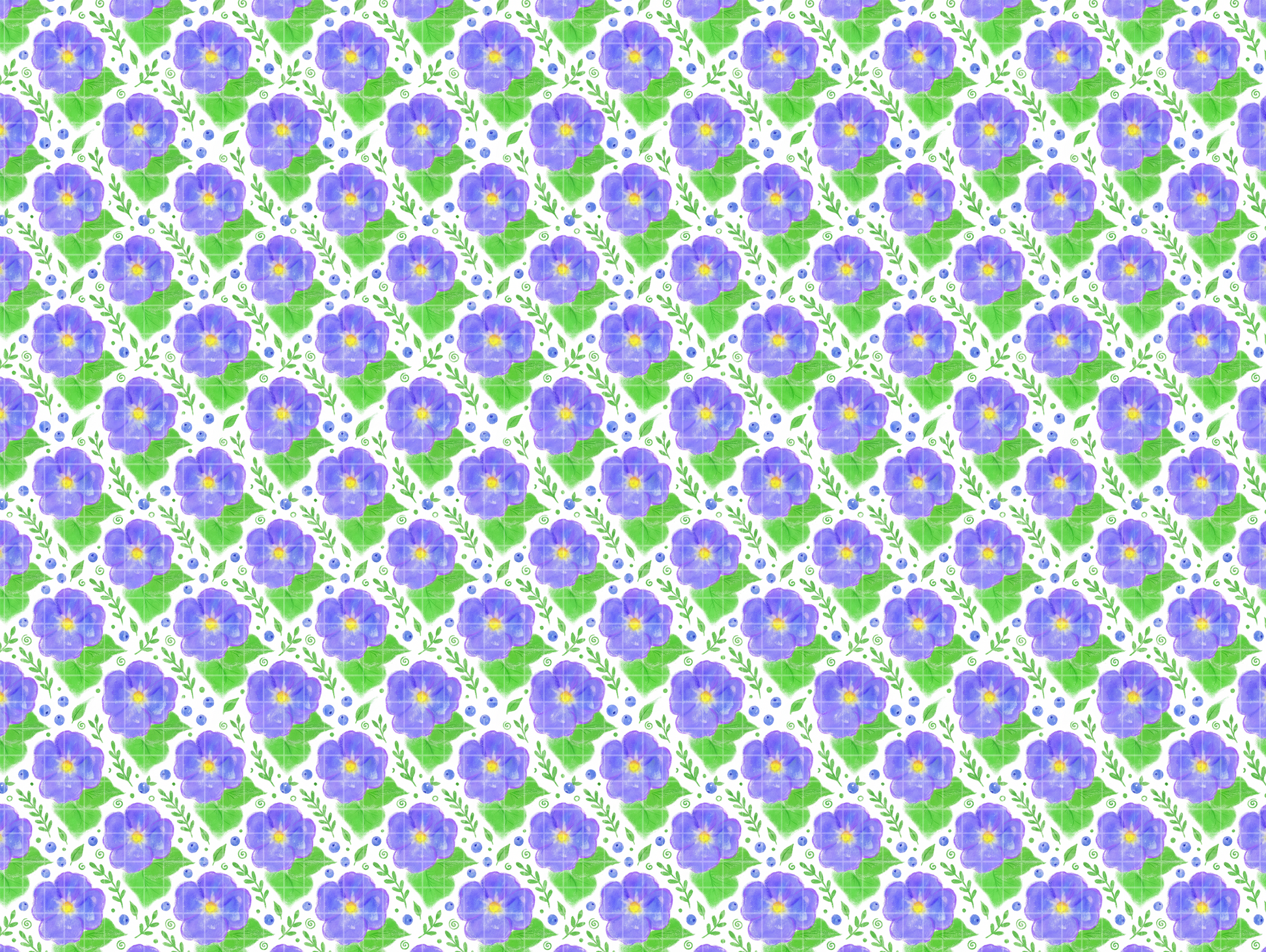 Seamless pattern tile featuring watercolor purple flowers and green leaves.