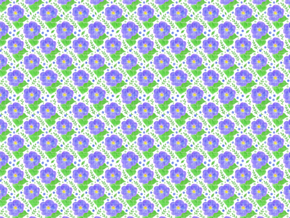 Seamless pattern tile featuring watercolor purple flowers and green leaves.