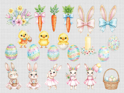 Easter Watercolor Clipart Set | Cute Bunnies, Chicks & Eggs PNG | Spring Digital Art