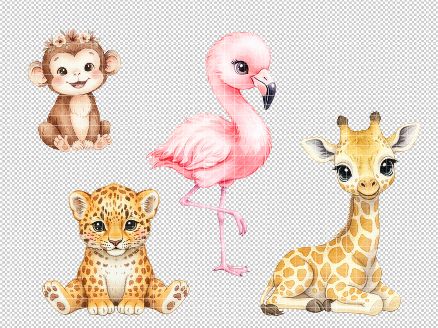 Cute watercolor baby flamingo, lion cub, and giraffe PNG clipart on transparent background