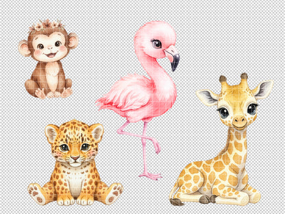 Cute watercolor baby flamingo, lion cub, and giraffe PNG clipart on transparent background
