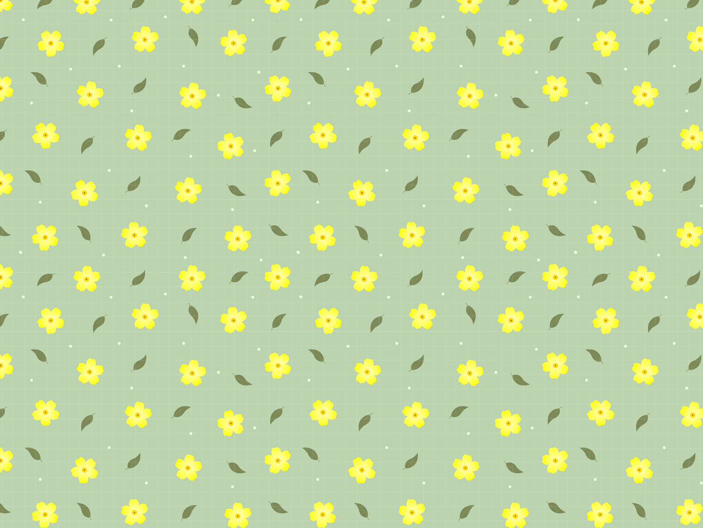 Seamless sunny yellow ditsy floral pattern on sage green background.