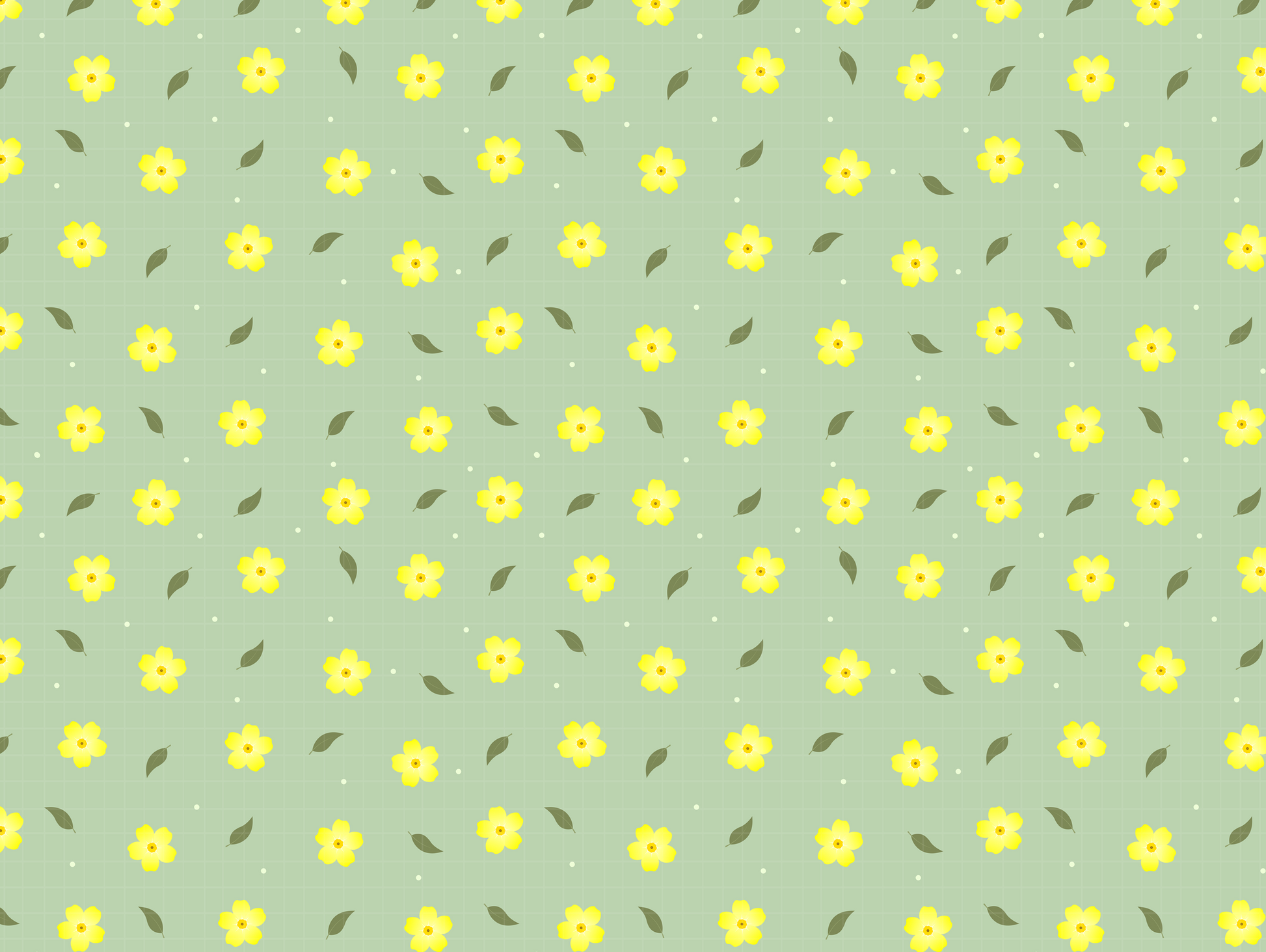 Seamless sunny yellow ditsy floral pattern on sage green background.