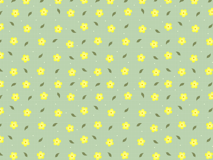 Seamless sunny yellow ditsy floral pattern on sage green background.