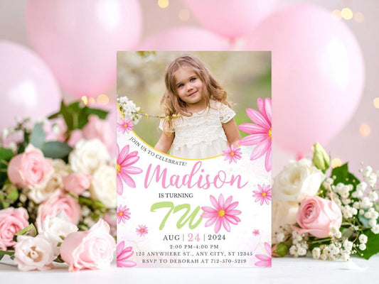 Editable Canva birthday invitation template with pink daisy flowers, 5x7 printable card