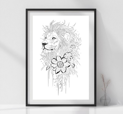 Lion Line Art with Floral Details – Abstract Animal Wall Decor | Minimalist Printable Poster