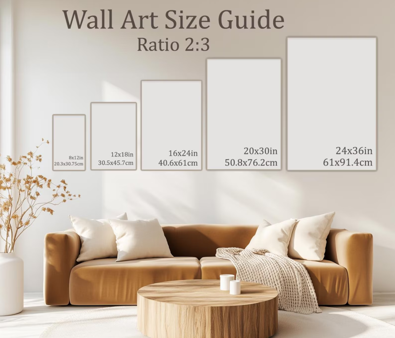 Wall art size guide chart showing 2:3 ratio prints ranging from 8x12 inches to 24x36 inches.
