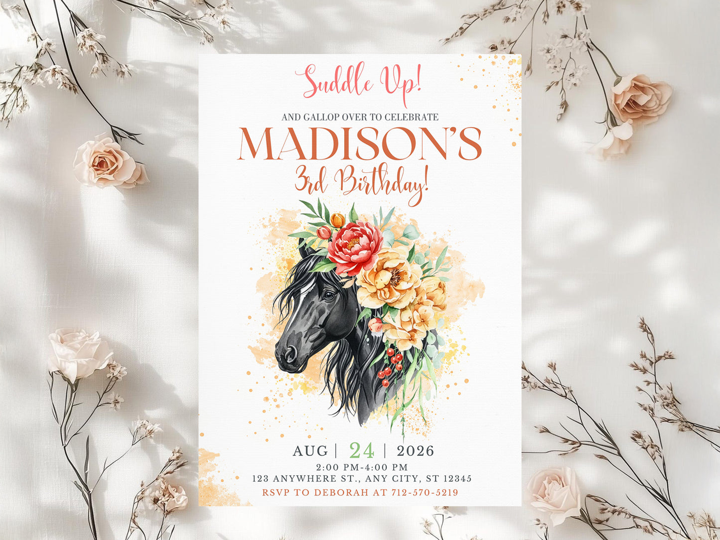 Horse Floral Birthday Invitation – Saddle Up Party Template