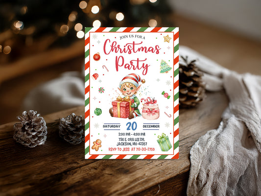 Christmas Party Invitation with Cute Elf | Holiday Printable Invite | FineByStudio