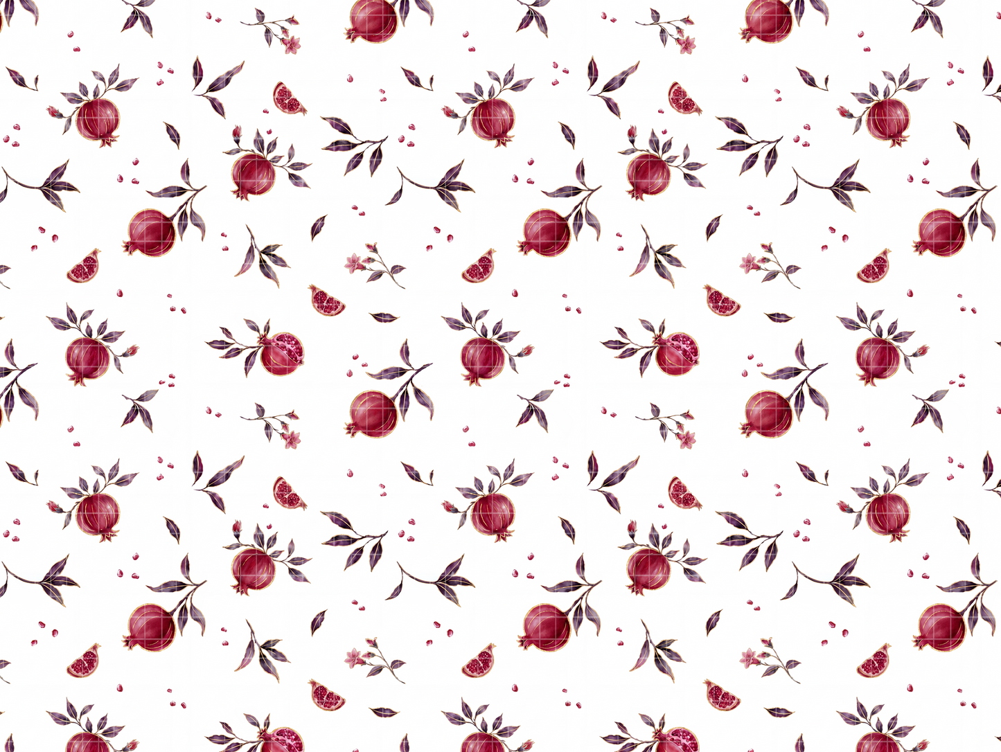 Seamless watercolor pattern design showing deep red pomegranates, sliced fruit, and green branches on a white background.