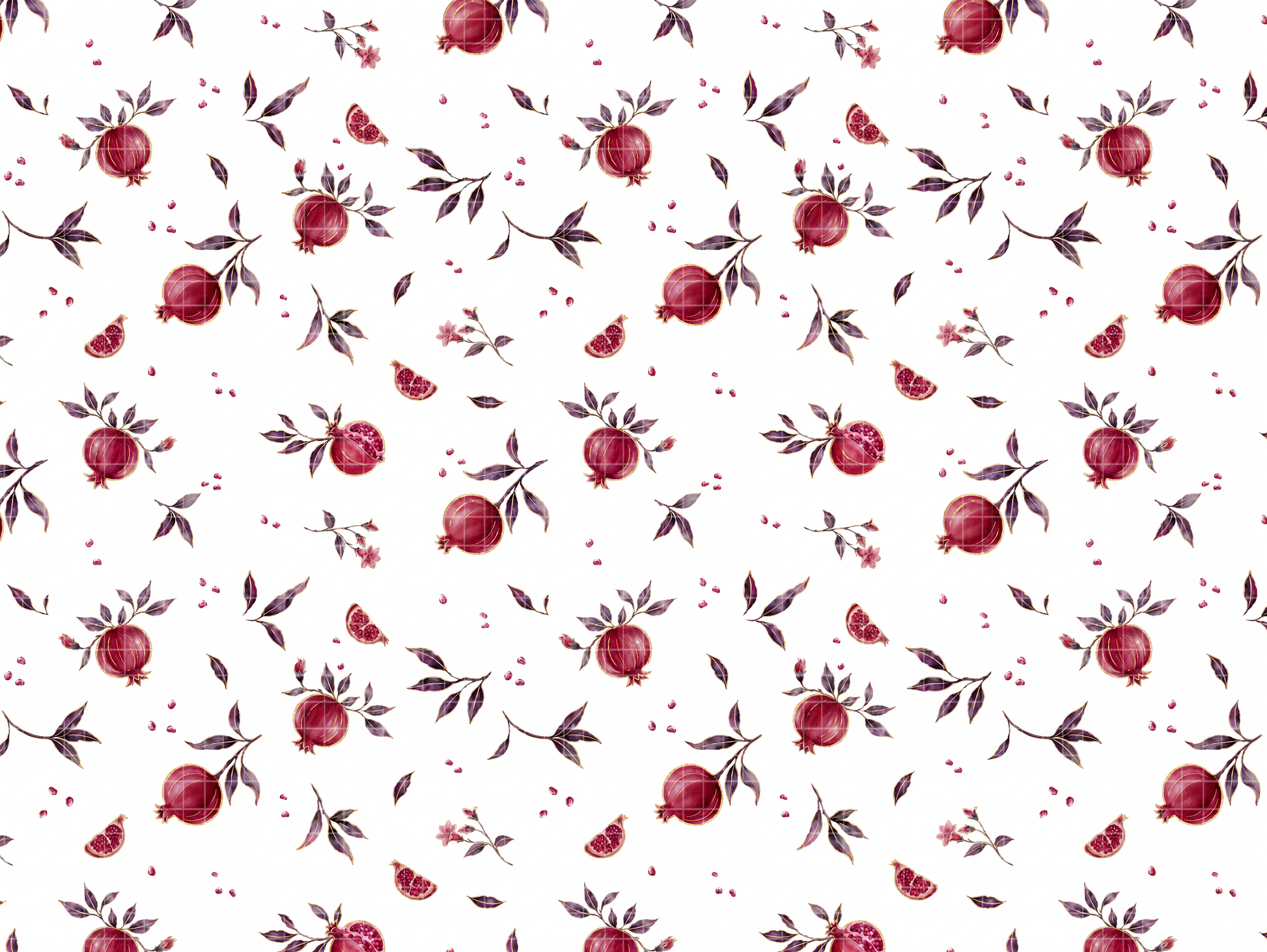 Seamless watercolor pattern design showing deep red pomegranates, sliced fruit, and green branches on a white background.