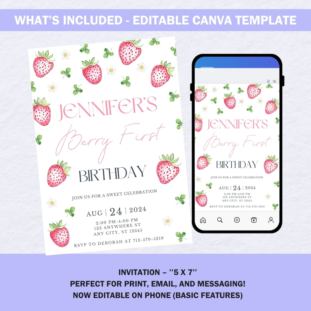 Berry First Birthday Invitation Template | Strawberry 1st Birthday Girl | Editable Canva Digital Invite