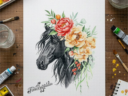 Watercolor Horse with Floral Crown – Boho Animal Wall Art