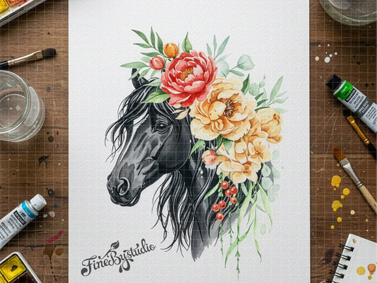 Watercolor Horse with Floral Crown – Boho Animal Wall Art