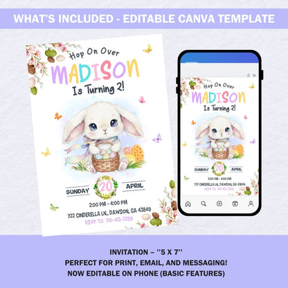 Smartphone screen showing the Easter birthday invitation being edited in the Canva app.