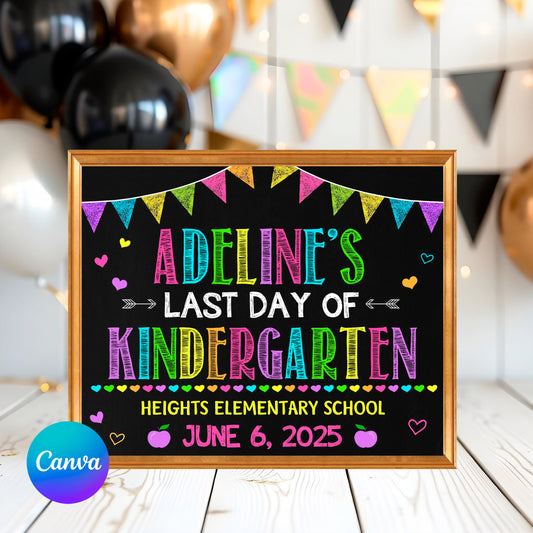 Last day of kindergarten chalkboard sign printable photo prop with colorful neon text and confetti