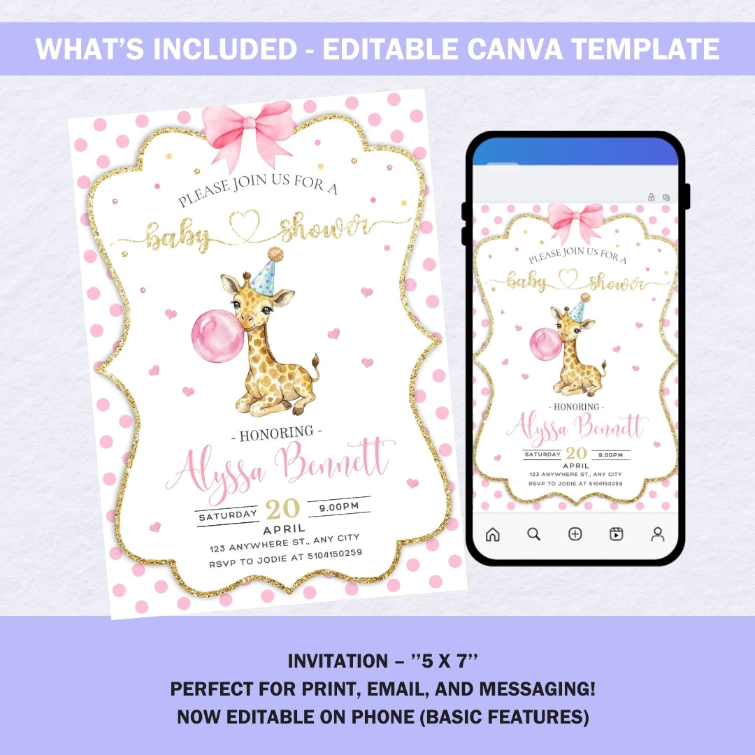 Smartphone screen showing the editable bubblegum giraffe baby shower invitation being customized in the Canva app.