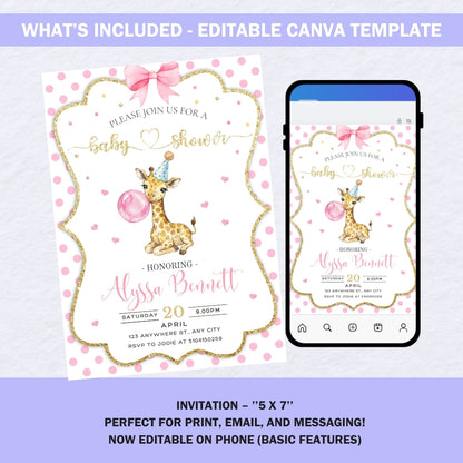 Smartphone screen showing the editable bubblegum giraffe baby shower invitation being customized in the Canva app.