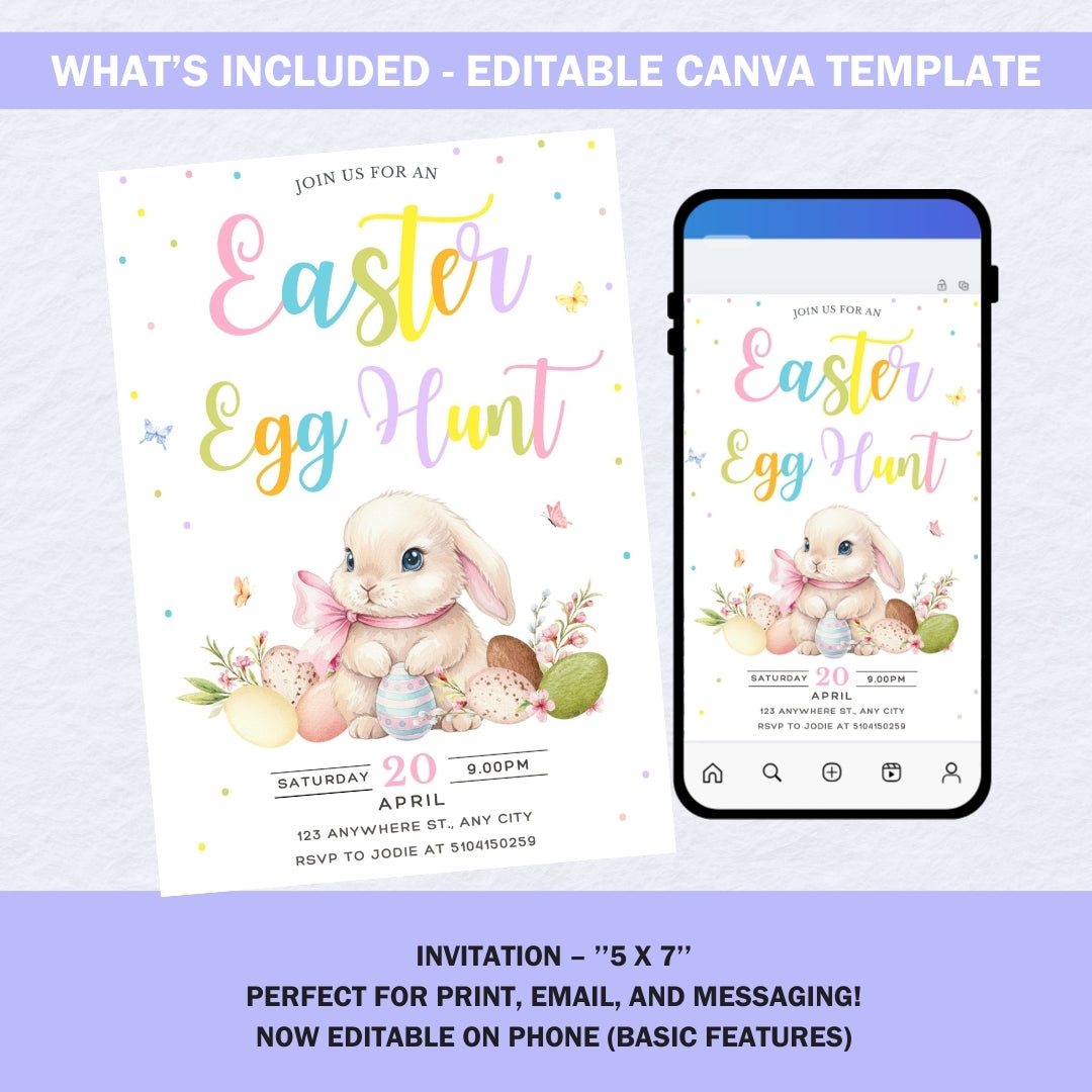 Smartphone screen showing the Easter Egg Hunt invitation, highlighting mobile-friendly Canva editing.