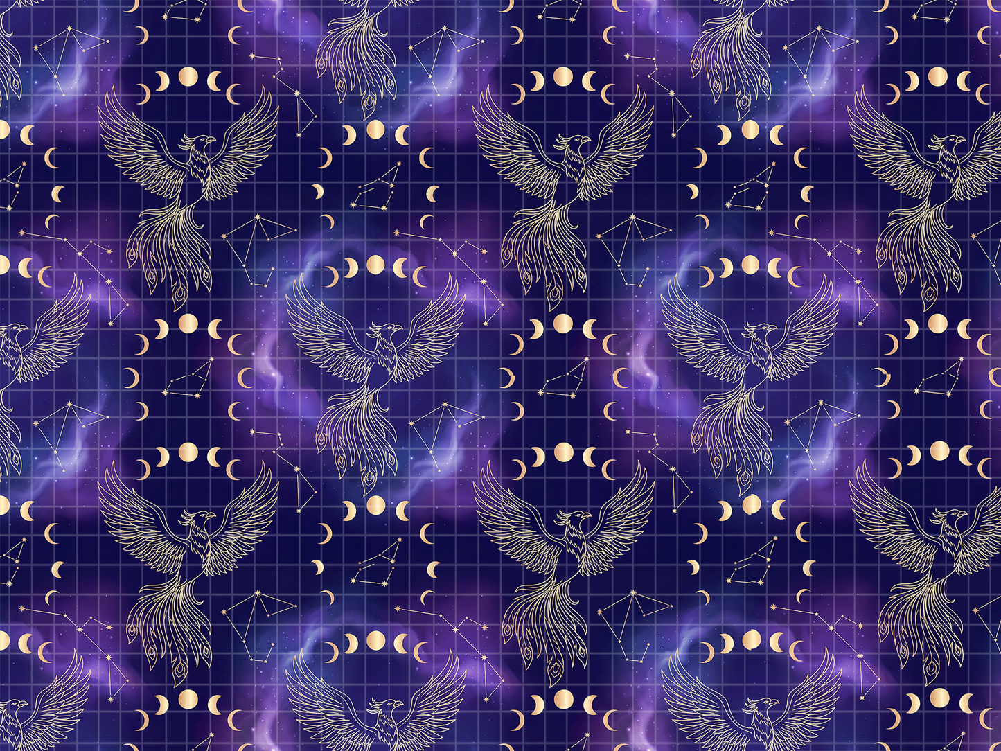 Celestial Golden Phoenix Seamless Pattern, Mystical Galaxy Moon Phases Digital Paper, JPG Download