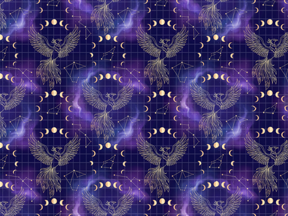 Celestial Golden Phoenix Seamless Pattern, Mystical Galaxy Moon Phases Digital Paper, JPG Download