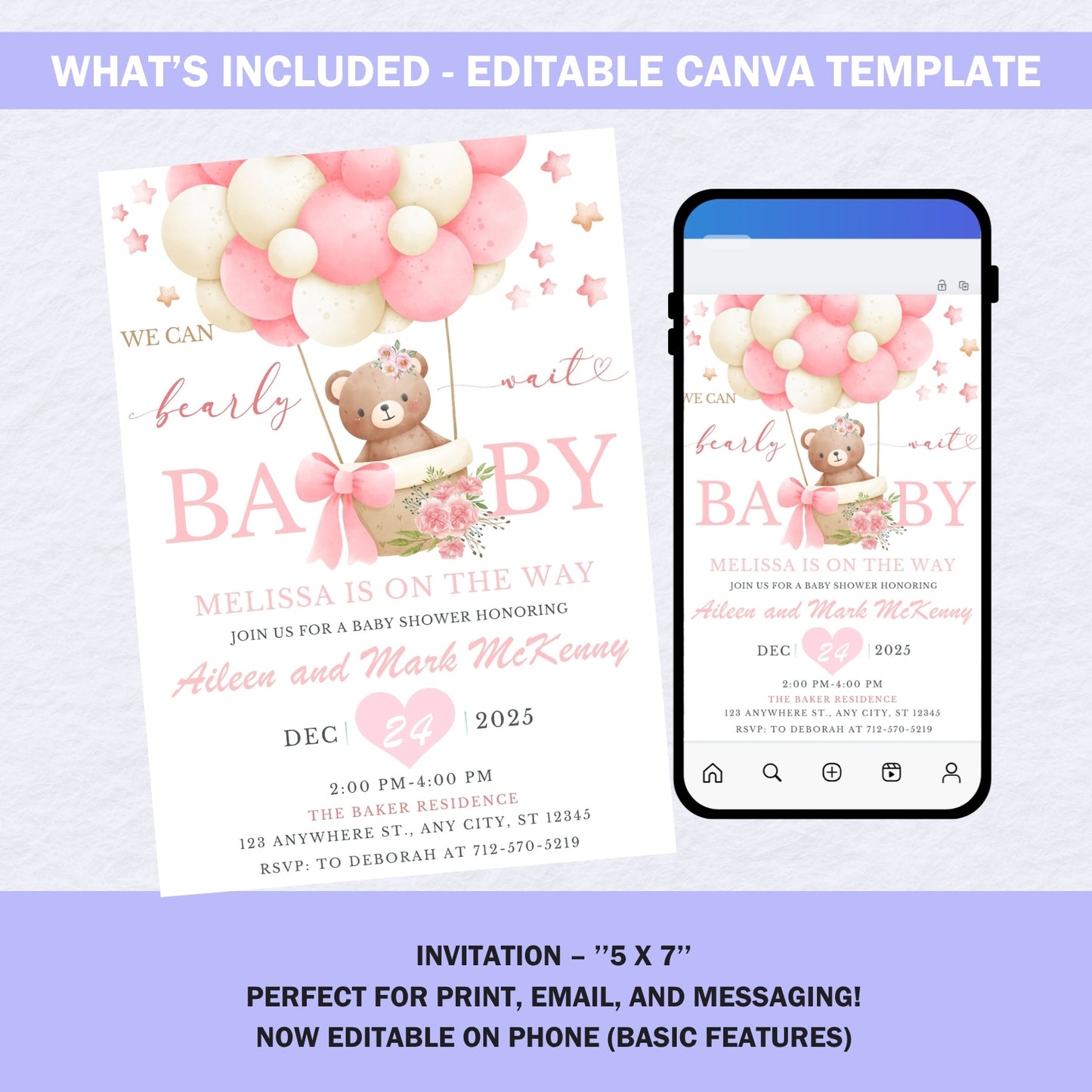 What is included in the digital baby shower invitation download, showing 5x7 printable card and mobile version.