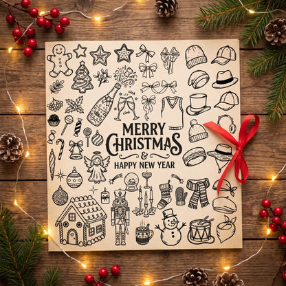 Holiday greeting card mockup featuring winter line art illustrations on a wooden background.