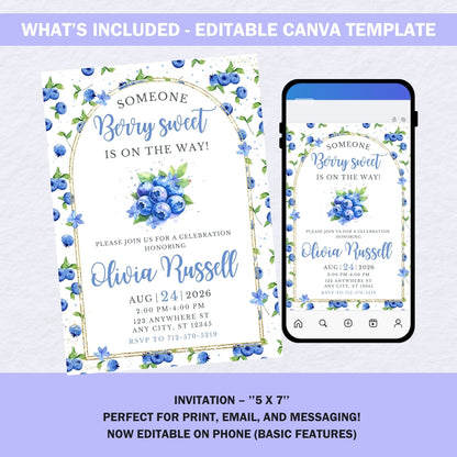 Instructions showing how to edit the blueberry baby shower invitation in Canva and download for printing or texting.