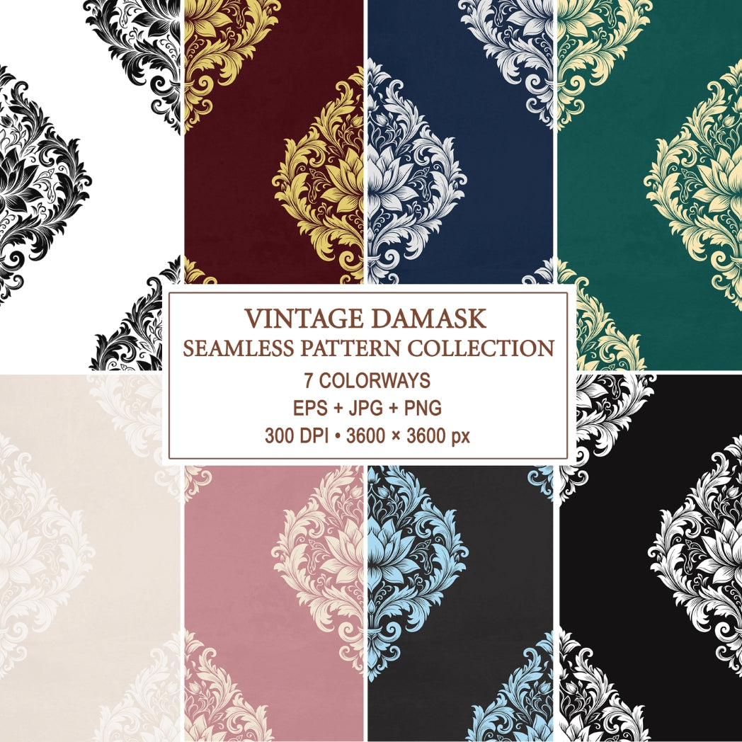 Collection of seamless damask patterns in various colors including blue, green, pink, and black.