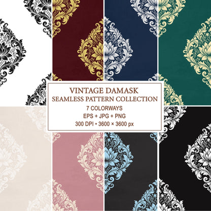 Collection of seamless damask patterns in various colors including blue, green, pink, and black.