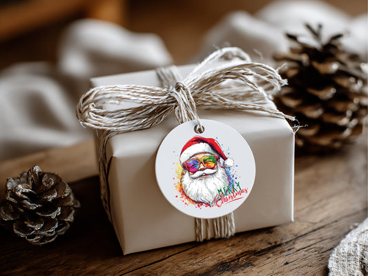 Printable Round Christmas Gift Tags | Cool Hipster Santa | Watercolor Holiday Favor Labels | Instant Download