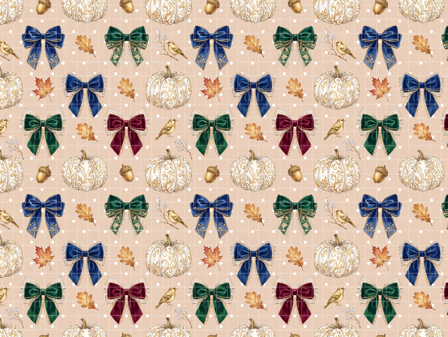 Seamless watercolor pattern featuring vintage velvet bows, elegant white pumpkins, acorns, and autumn leaves on a light beige background.