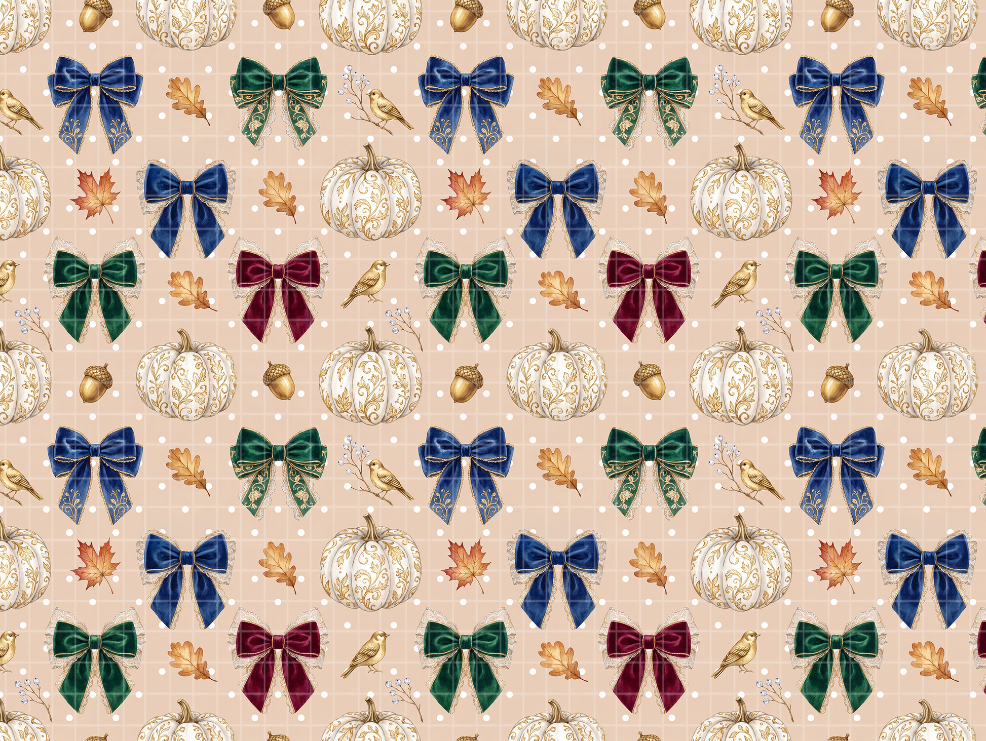 Seamless watercolor pattern featuring vintage velvet bows, elegant white pumpkins, acorns, and autumn leaves on a light beige background.