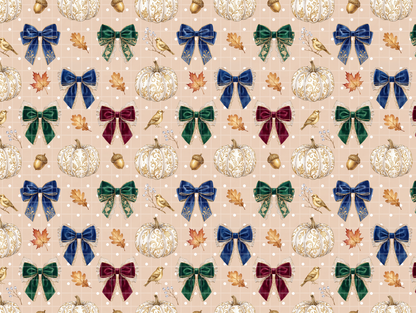 Seamless watercolor pattern featuring vintage velvet bows, elegant white pumpkins, acorns, and autumn leaves on a light beige background.