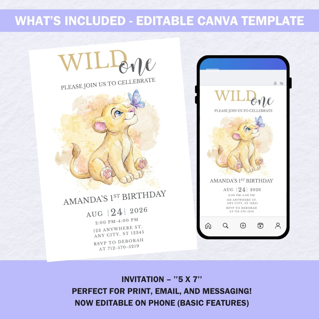 Editable Wild One birthday invitation shown on a laptop, tablet, and smartphone to demonstrate Canva editing.