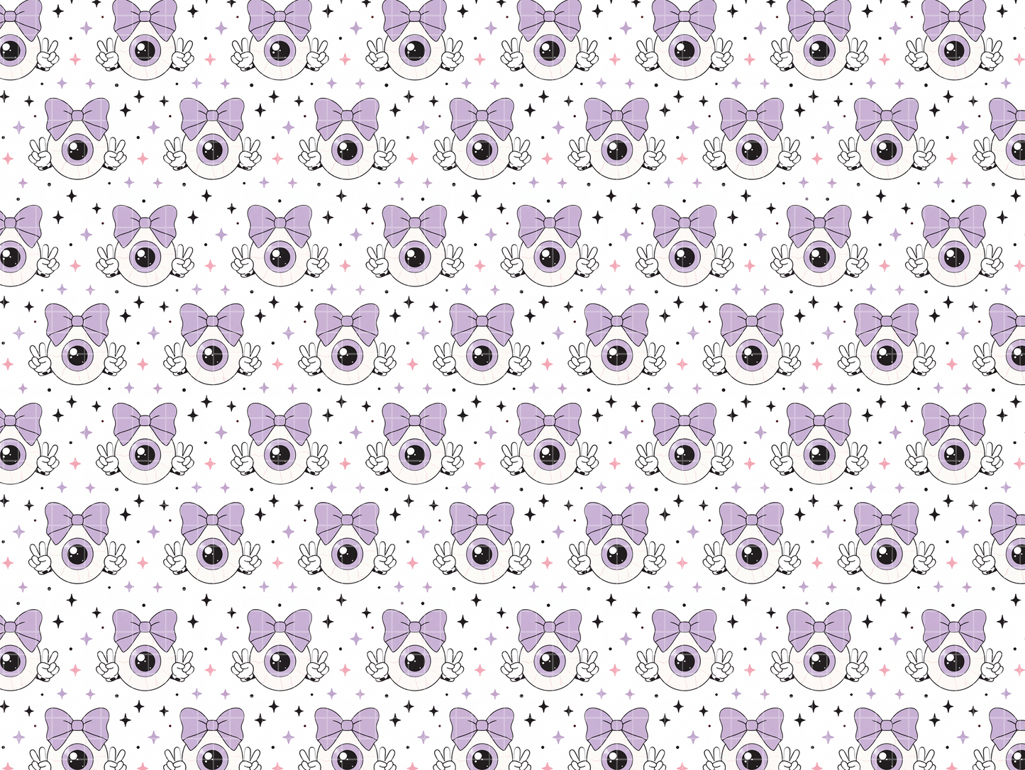 Seamless pattern featuring a cute cartoon eyeball with a pastel purple bow making peace signs, surrounded by stars on a white background. Pastel goth aesthetic.